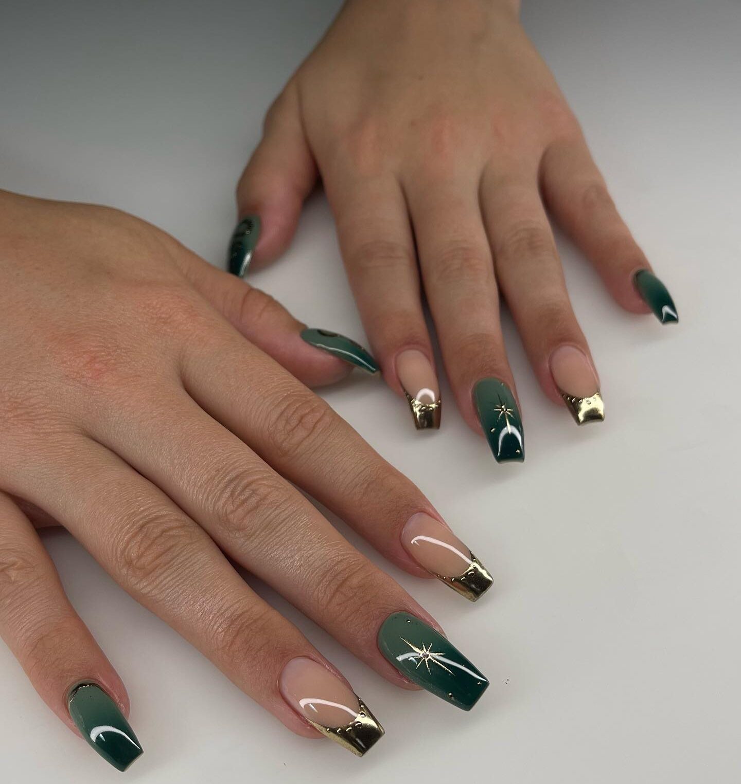 Green ombre effect and gold French tips on long tapered square nails