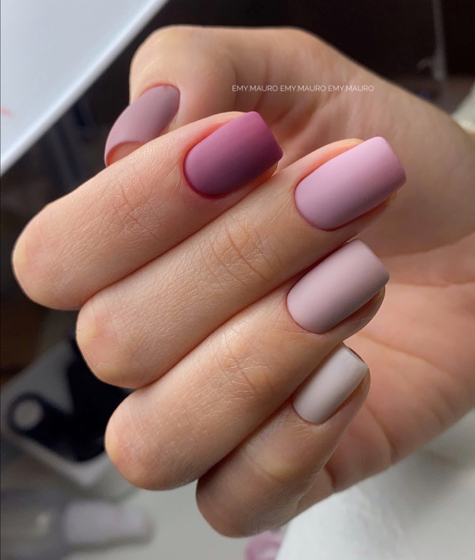 Matte finish purple tones on short square nails