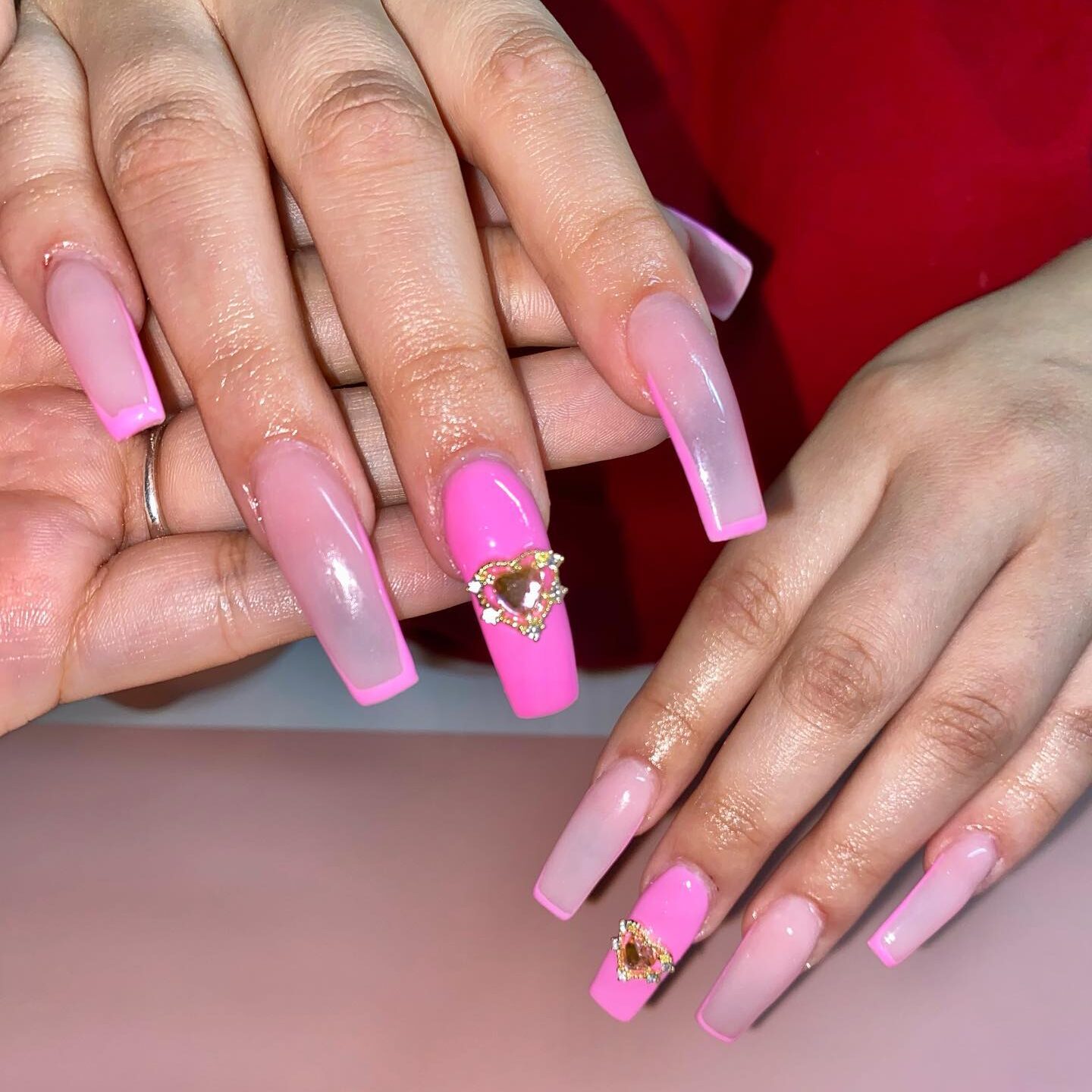 Long clear square shaped press on nails with thin pink French tips and gems nail designs