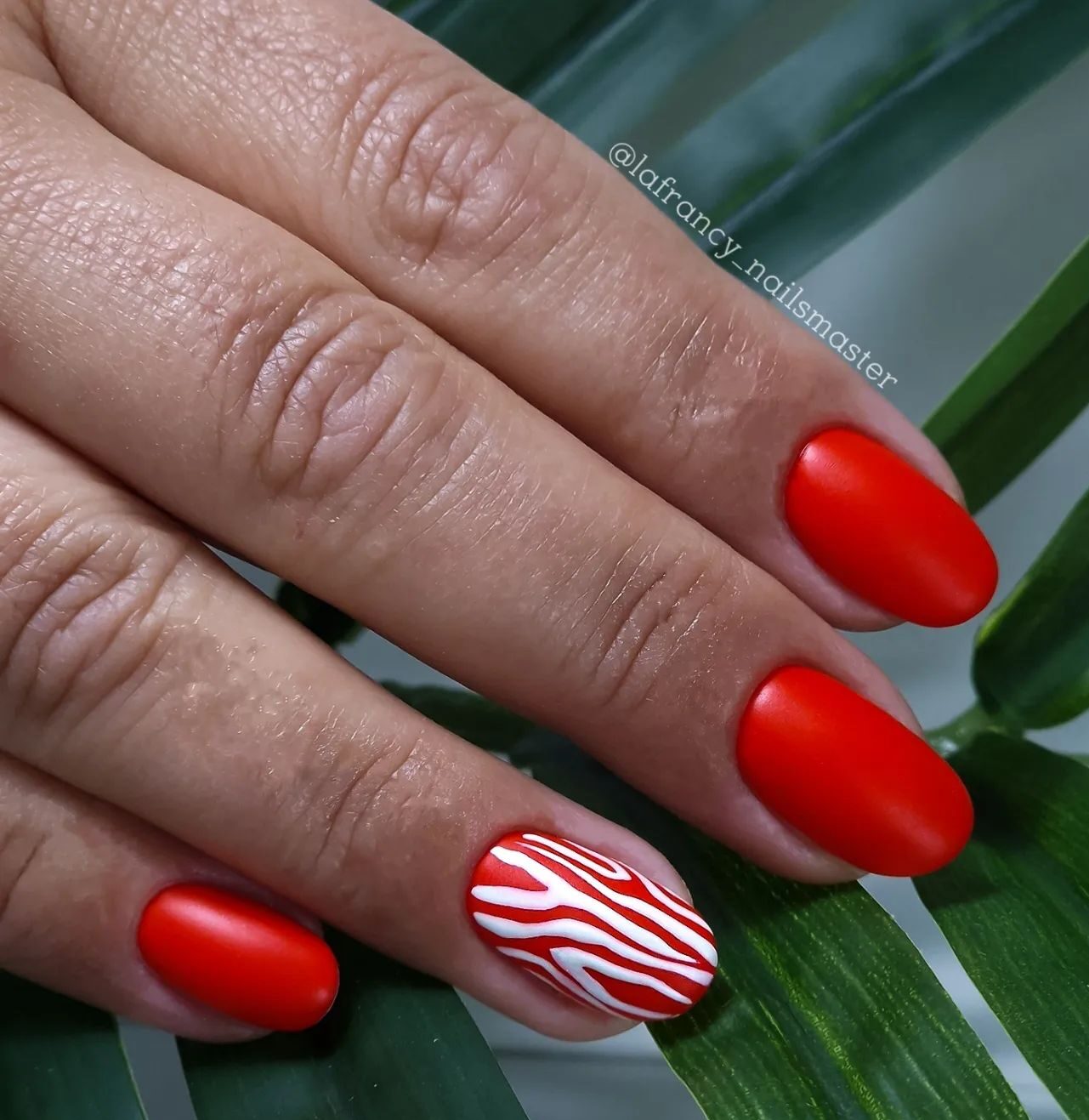 Matte finish red nail color with animal print nail design on short round nails