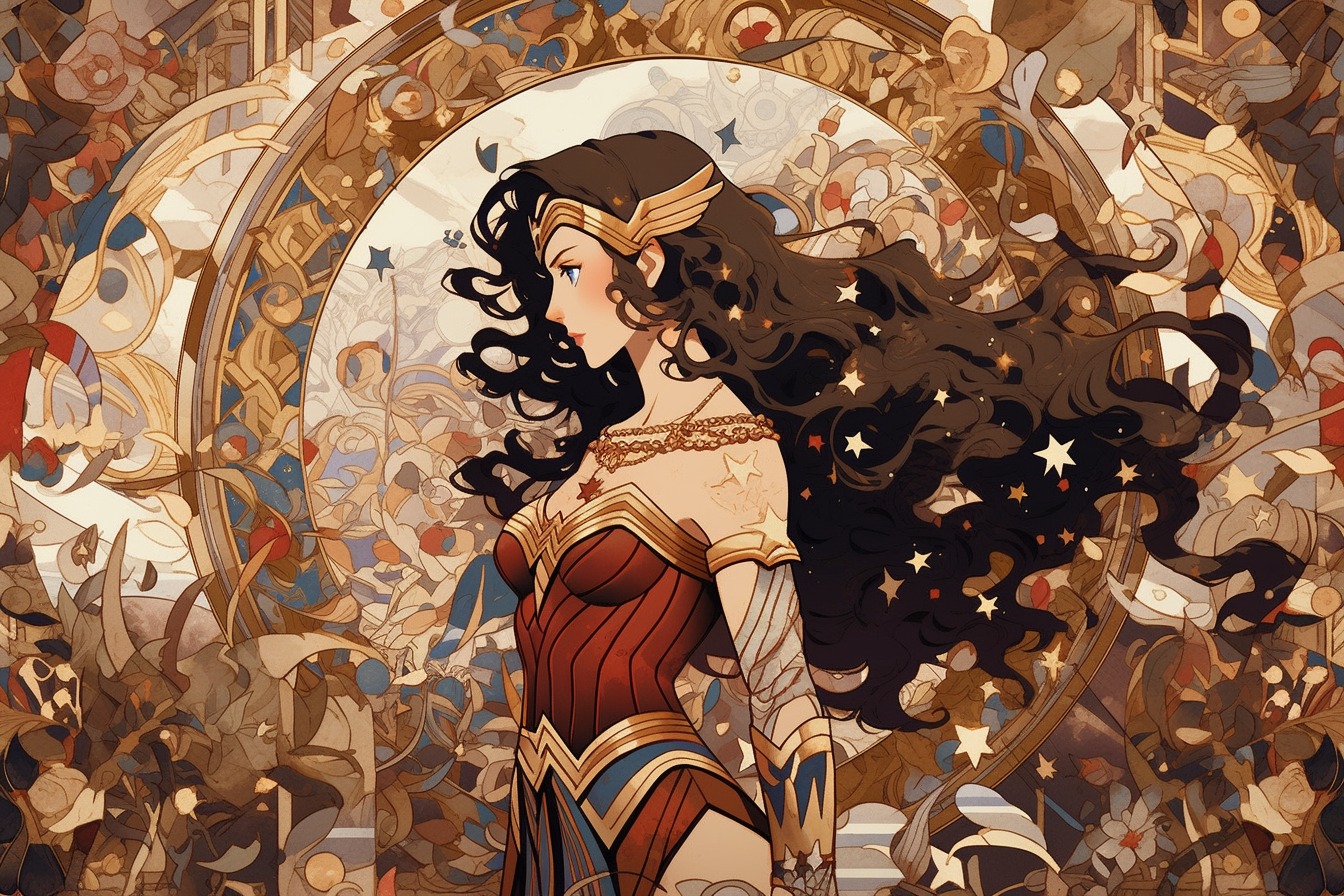 This imaginative poster brings Wonder Woman to life through Alphonse Mucha's distinctive art nouveau style. - movingworl.com