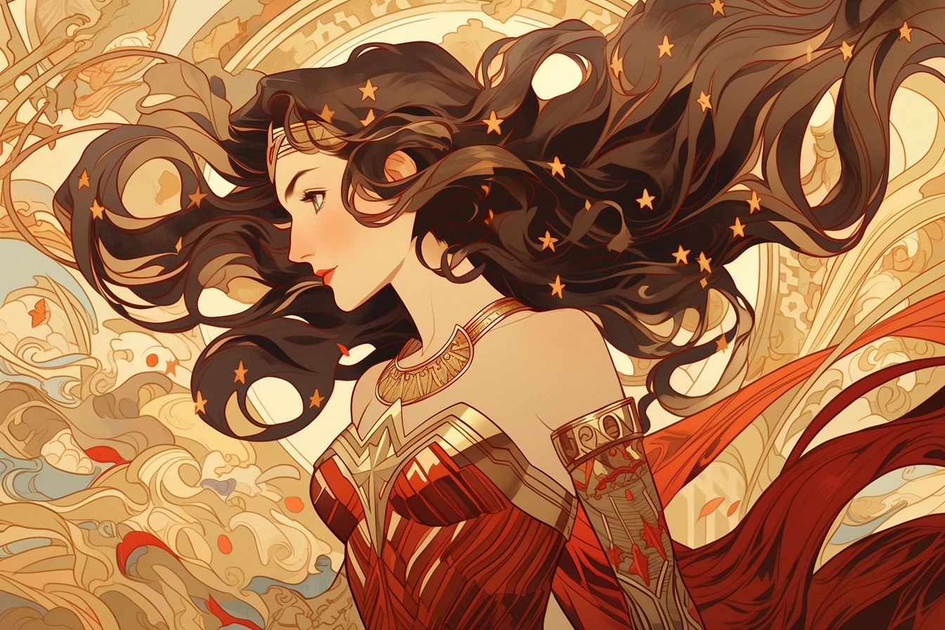 This imaginative poster brings Wonder Woman to life through Alphonse Mucha's distinctive art nouveau style. - movingworl.com