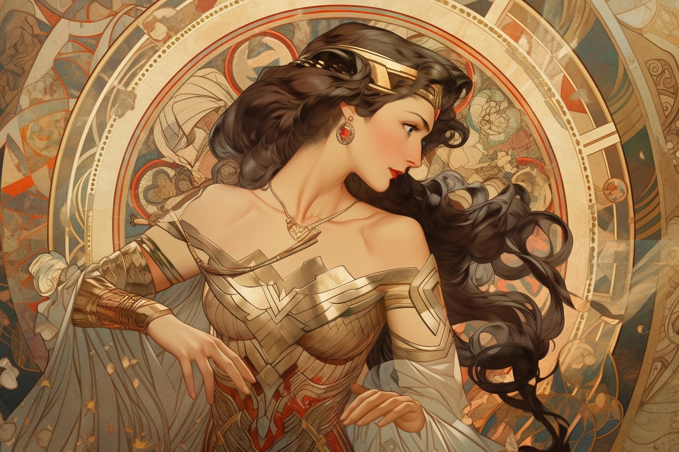 This imaginative poster brings Wonder Woman to life through Alphonse Mucha's distinctive art nouveau style. - movingworl.com