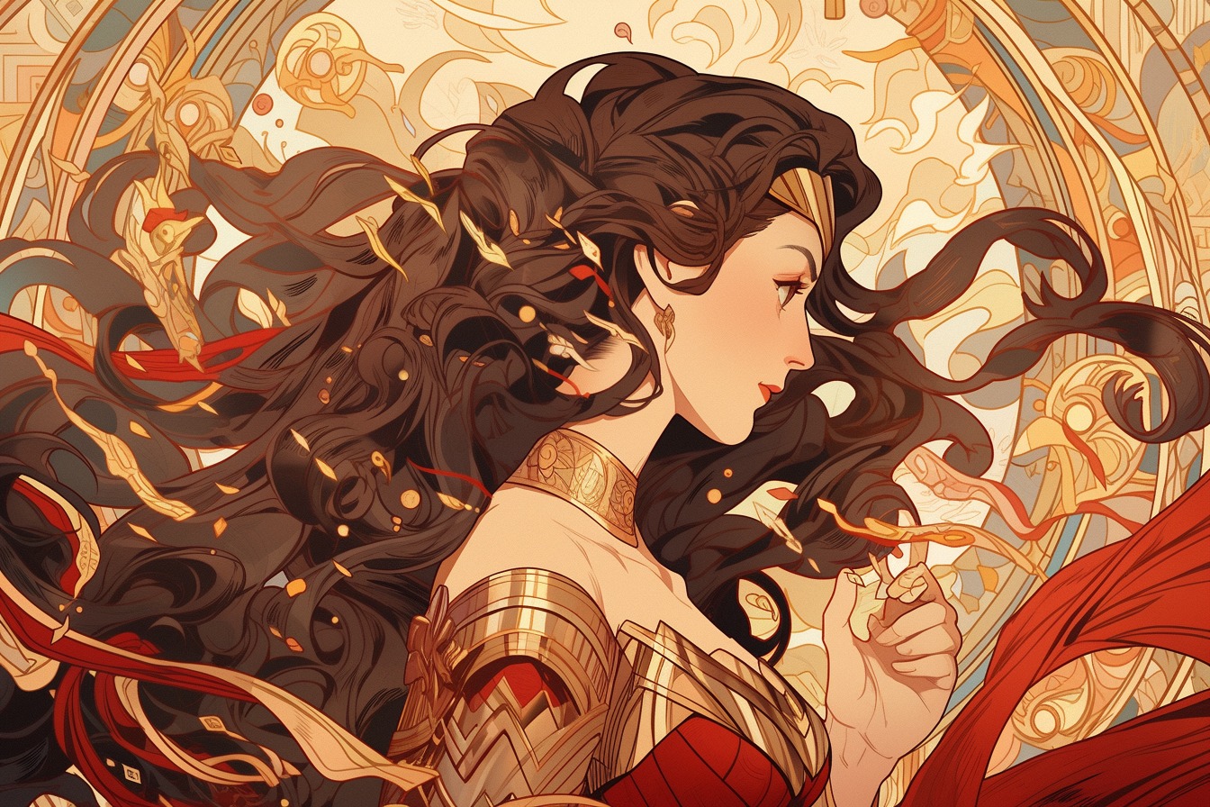 This imaginative poster brings Wonder Woman to life through Alphonse Mucha's distinctive art nouveau style. - movingworl.com