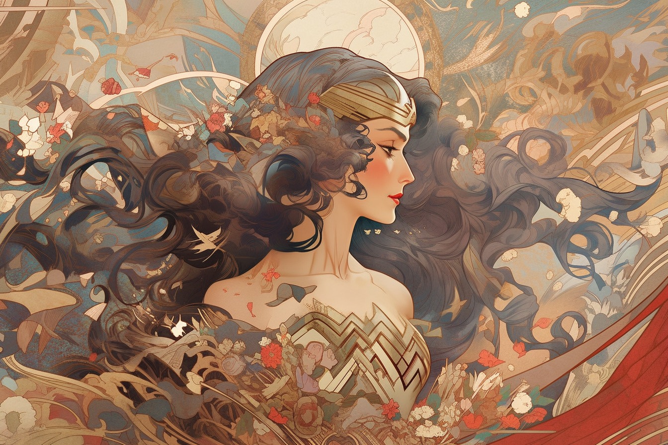 This imaginative poster brings Wonder Woman to life through Alphonse Mucha's distinctive art nouveau style. - movingworl.com