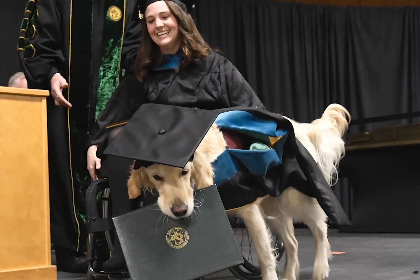 smiling girl looking at her dog